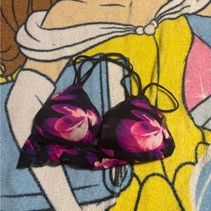 PINK Victoria's Secret Black Floral Mesh Bralette with Pink & Purple Blooms
